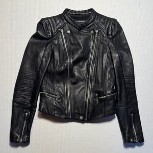 ZARA 100% Leather Black Moto Biker Jacket Quilted Details Silver RARE EUC Size M